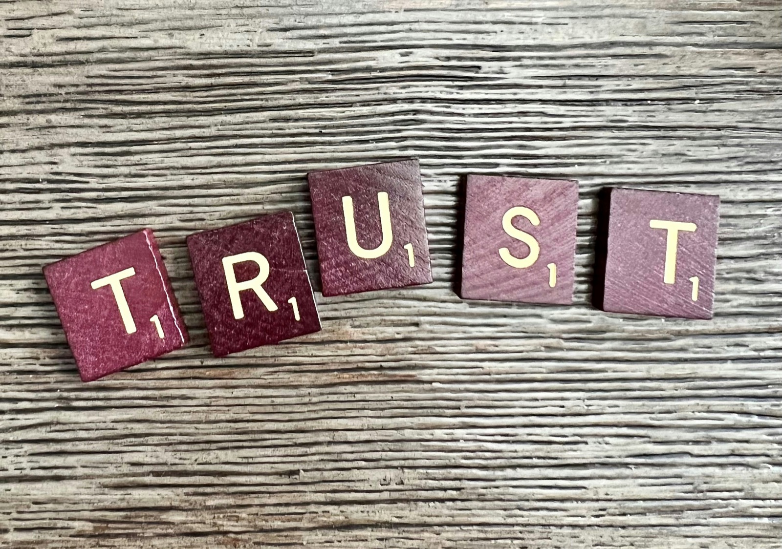 Trust spelled with wooden letter blocks