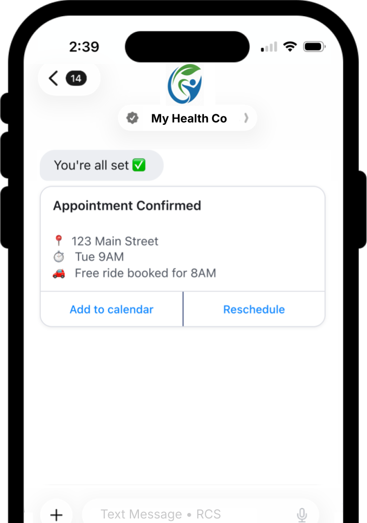 RCS appointment confirmation with ride and calendar actions