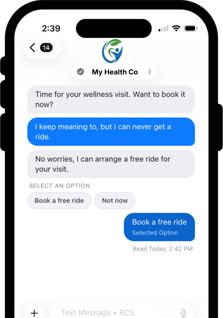 RCS conversation arranging a free ride to a wellness visit
