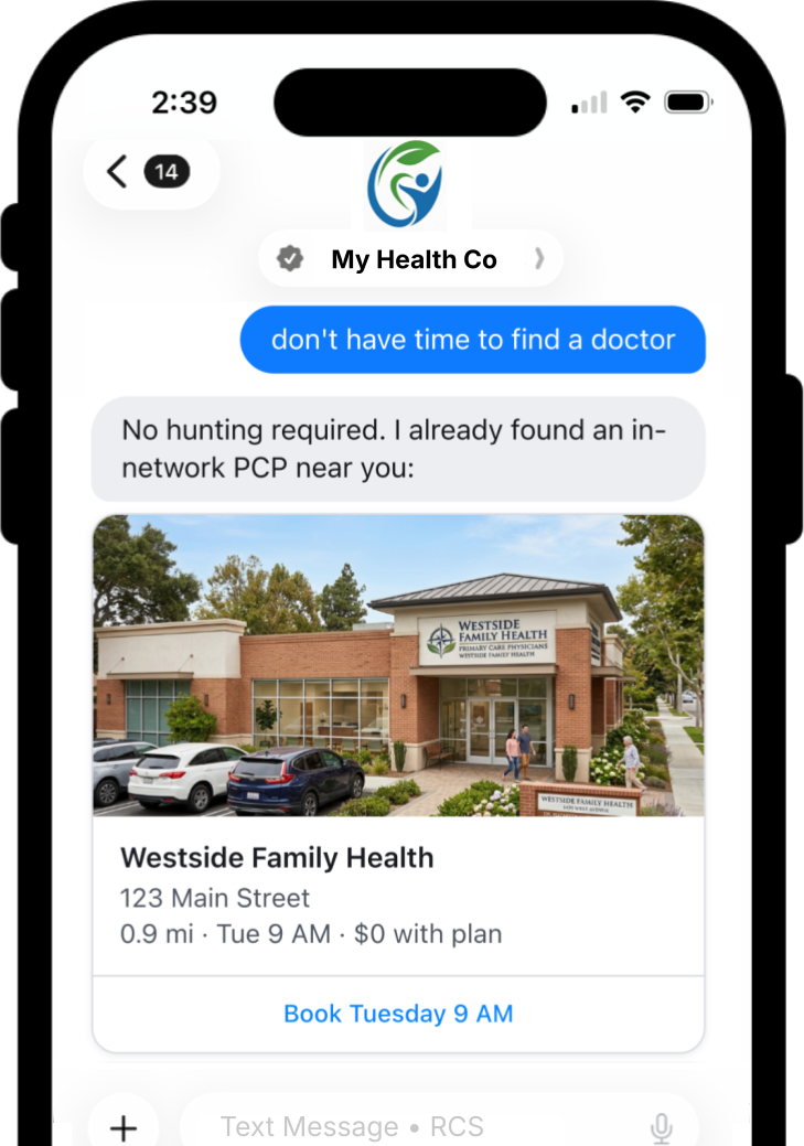 RCS provider card with an appointment booking action