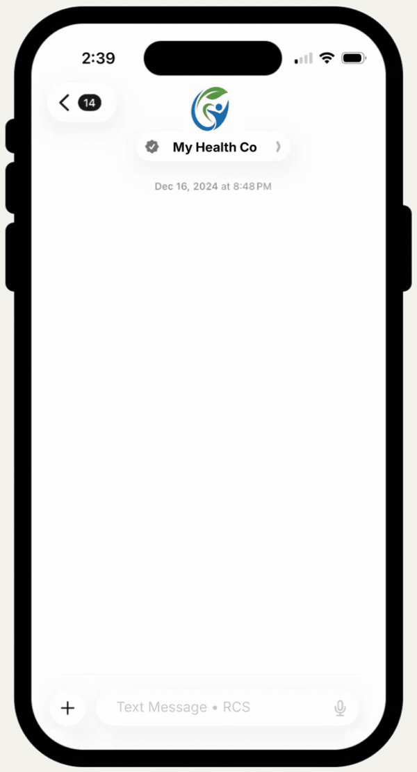 Animated RCS text conversation with My Health Co scheduling an appointment